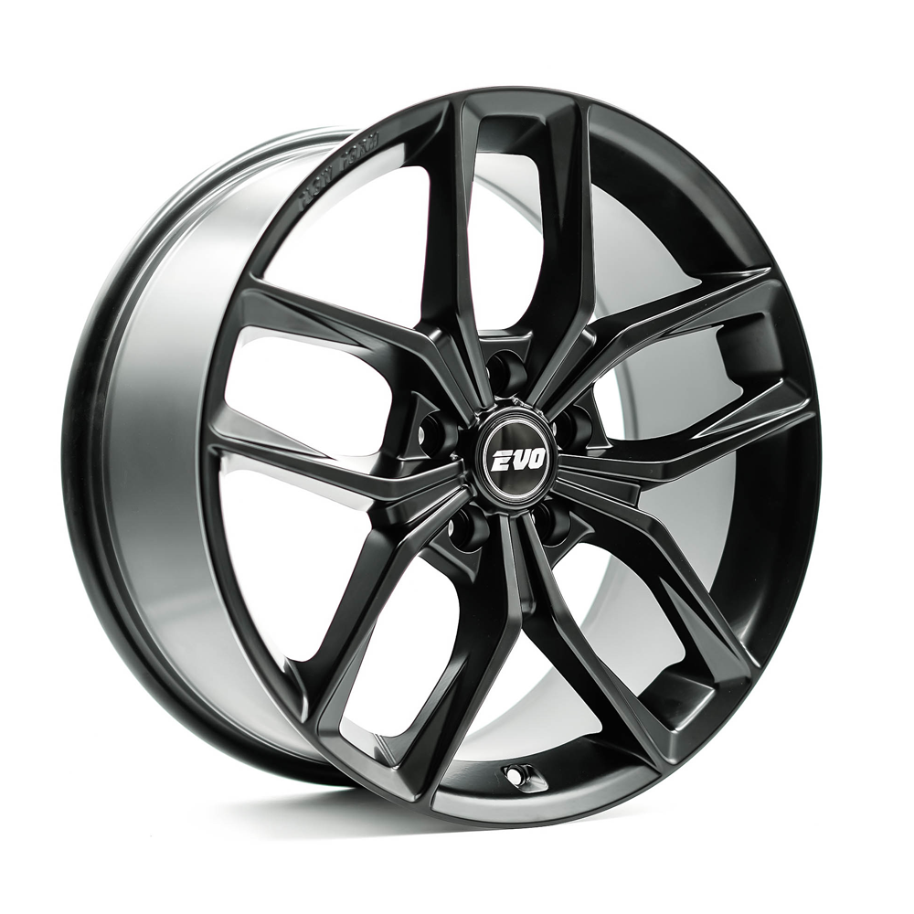 Black alloy wheel with 'EVO' logo on a white background