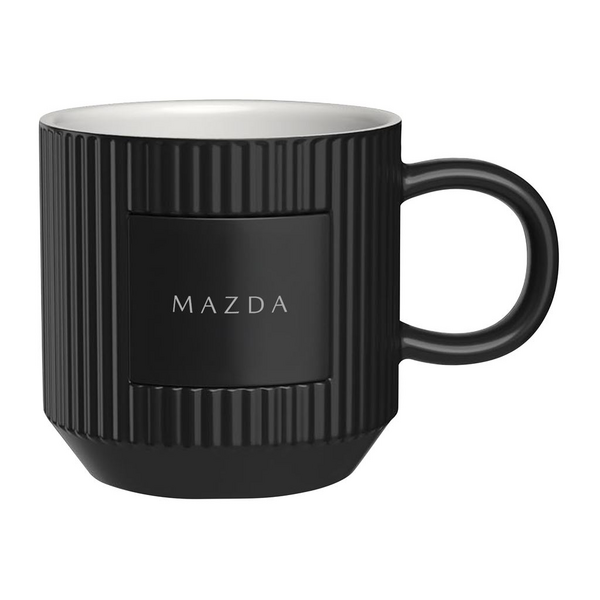 Black Mazda mug with textured design on a white background