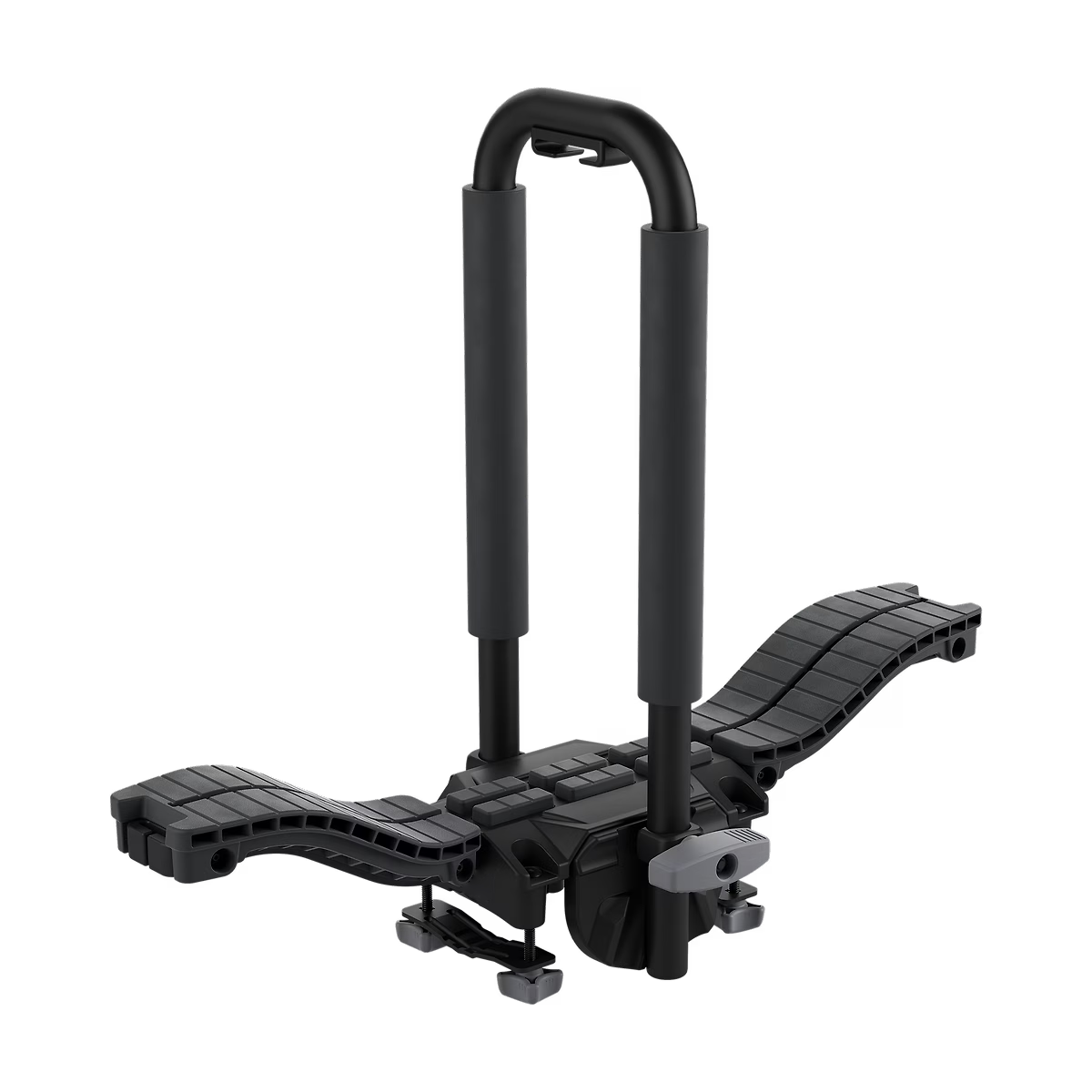 Black kayak carrier with adjustable straps on a white background